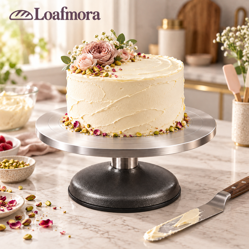 Loafmora Weighted Cake Turntable - Bring the next side of the cake to your hand.
