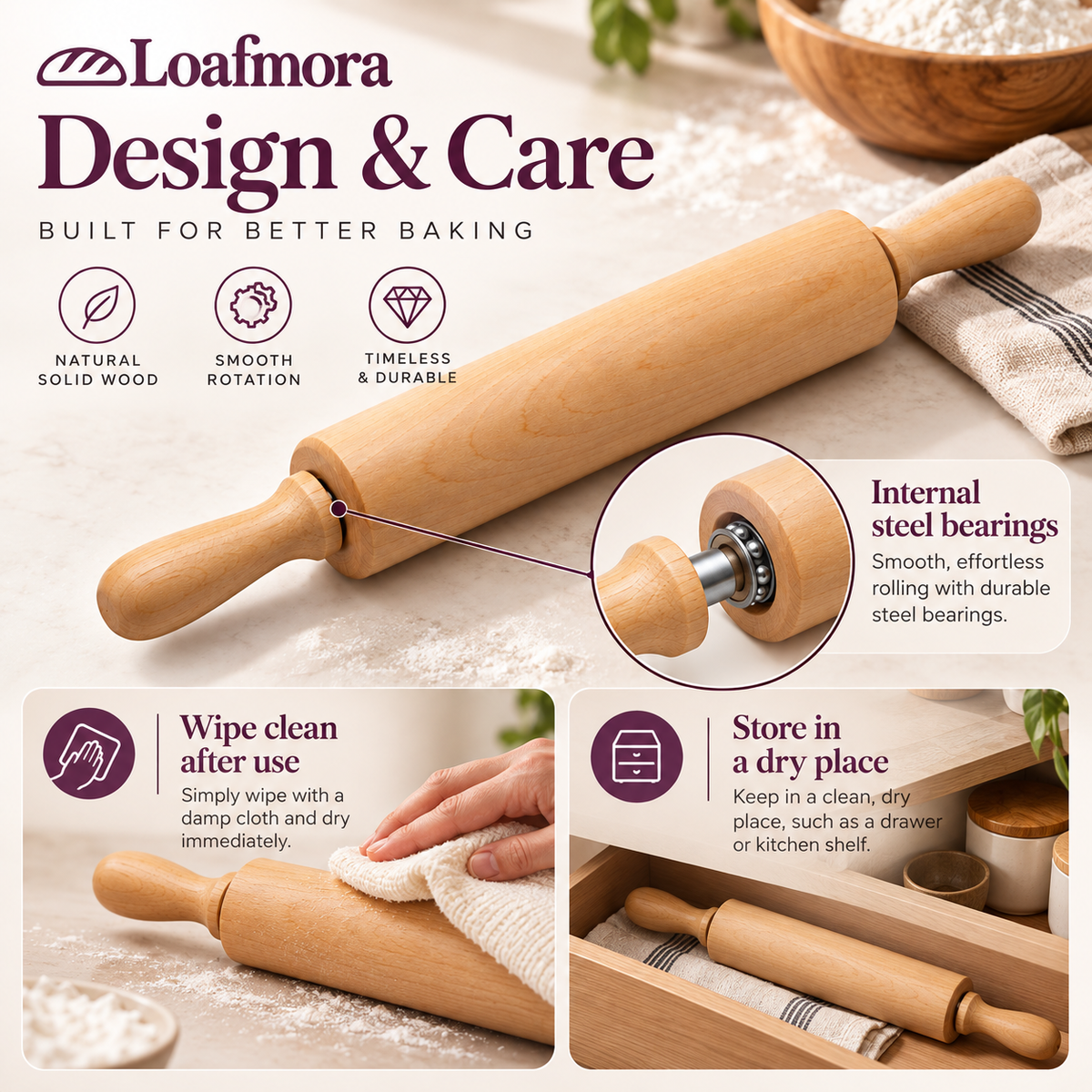 Loafmora Hardwood Rolling Pin - A broad barrel. A familiar rolling rhythm.
