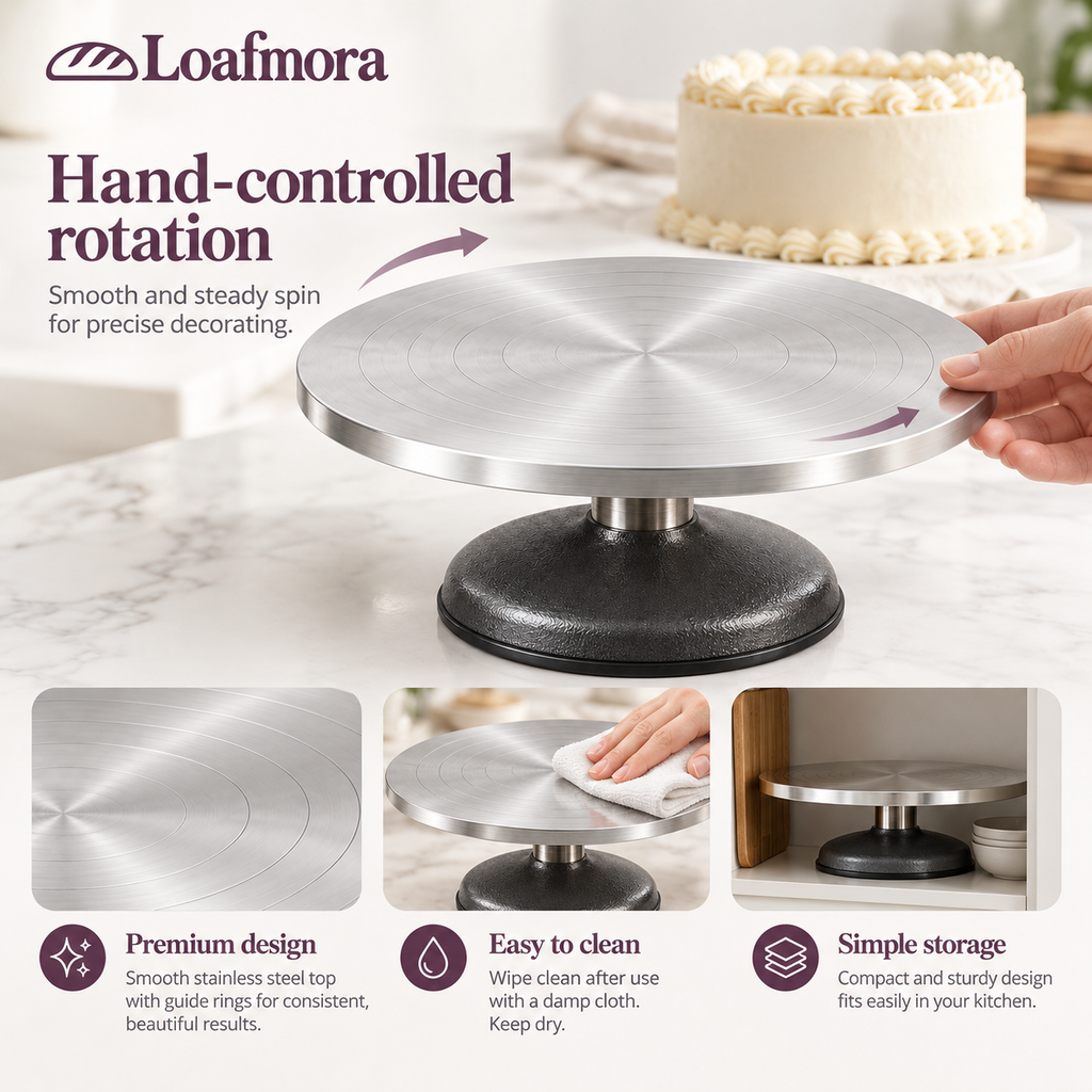 Loafmora Weighted Cake Turntable - Bring the next side of the cake to your hand.
