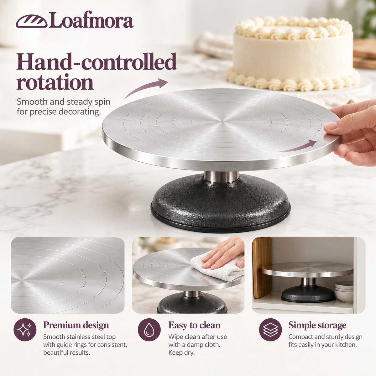 Loafmora Weighted Cake Turntable - Bring the next side of the cake to your hand.