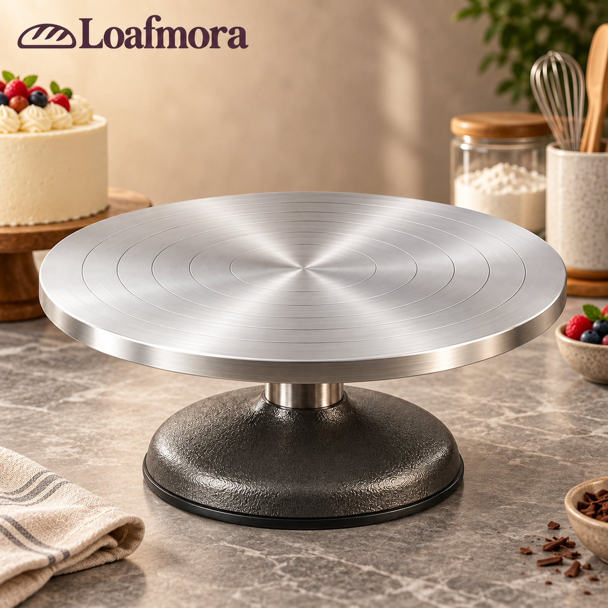Loafmora Weighted Cake Turntable - Bring the next side of the cake to your hand.